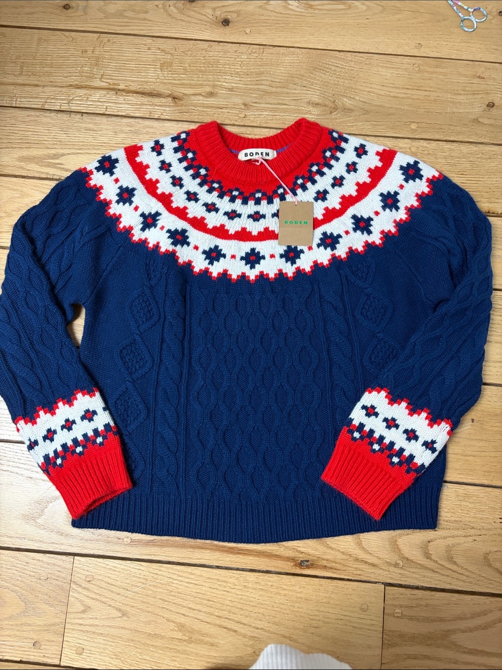 Boden Navy Crewneck Sweater with Red and White Fair Isle Yoke - Picture 2 of 6